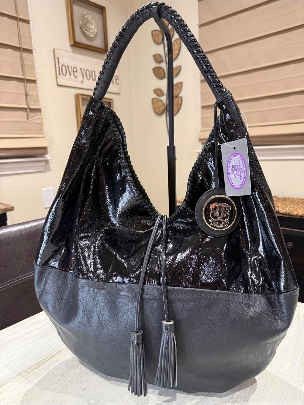 Y2K Sharif Black Glossy & Leather Hobo Shoulder Bag